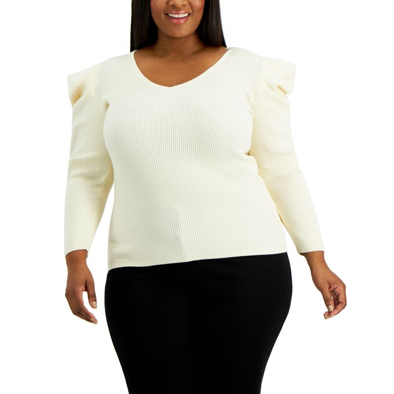 Anne Klein Plus Size Ribbed Puff Shoulder Sweater